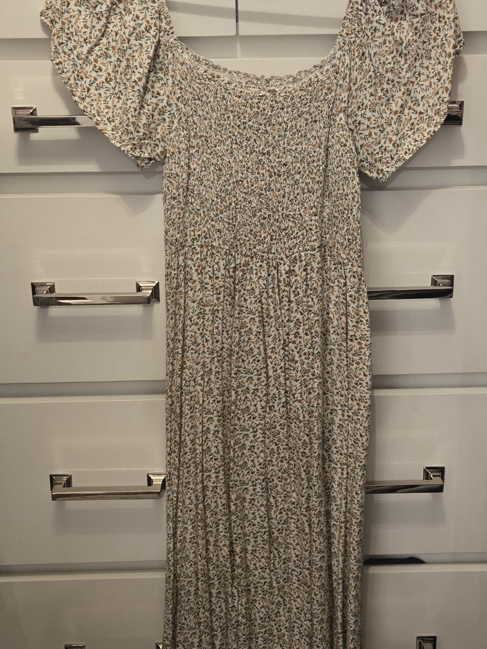 Smocked Off-Shoulder Floral Maxi Dress - Cream/Tan